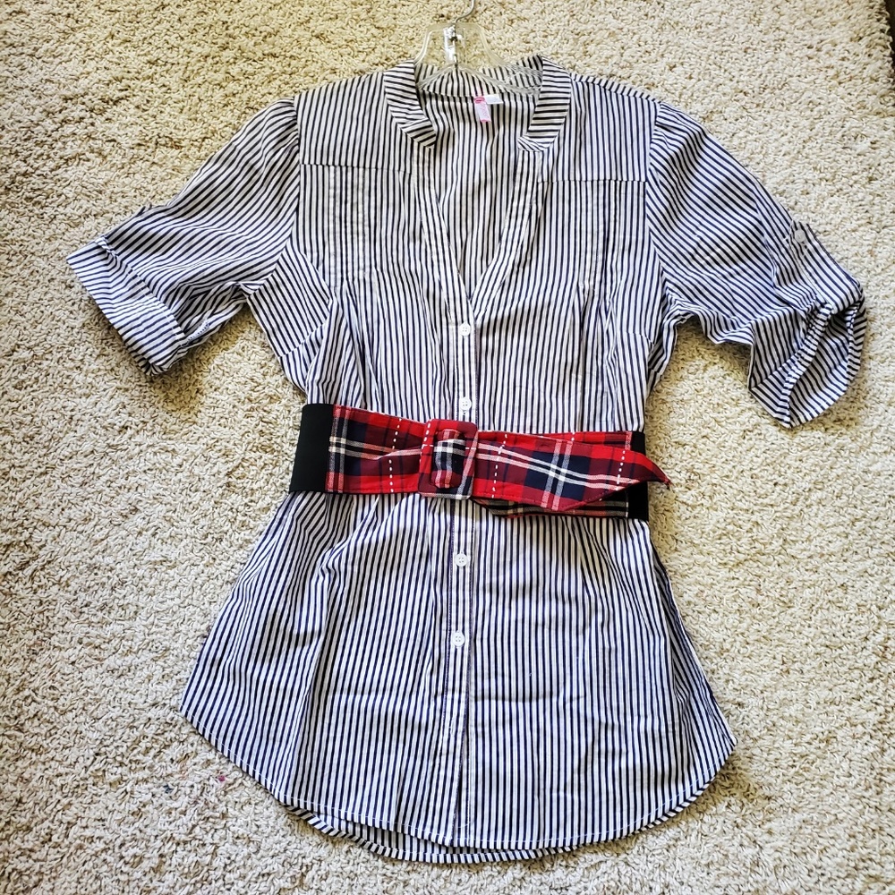 6 Degrees Blue White Pinstripe 3/4 Sleeve Belted Tunic Top Size Medium NEW